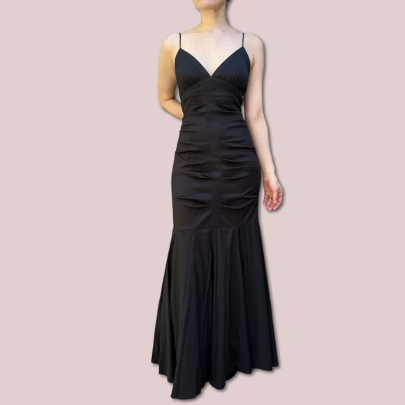 Xscape Black Sleeveless V-Neck Ruched Taffeta Mermaid Evening Dress Gown Size 8 - Picture 1 of 5